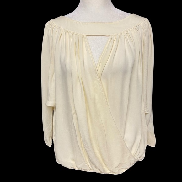 Vintage Parker 100% Silk Women’s Blouse Size L Ivory High Neck Cross Over Flowy - Picture 1 of 14